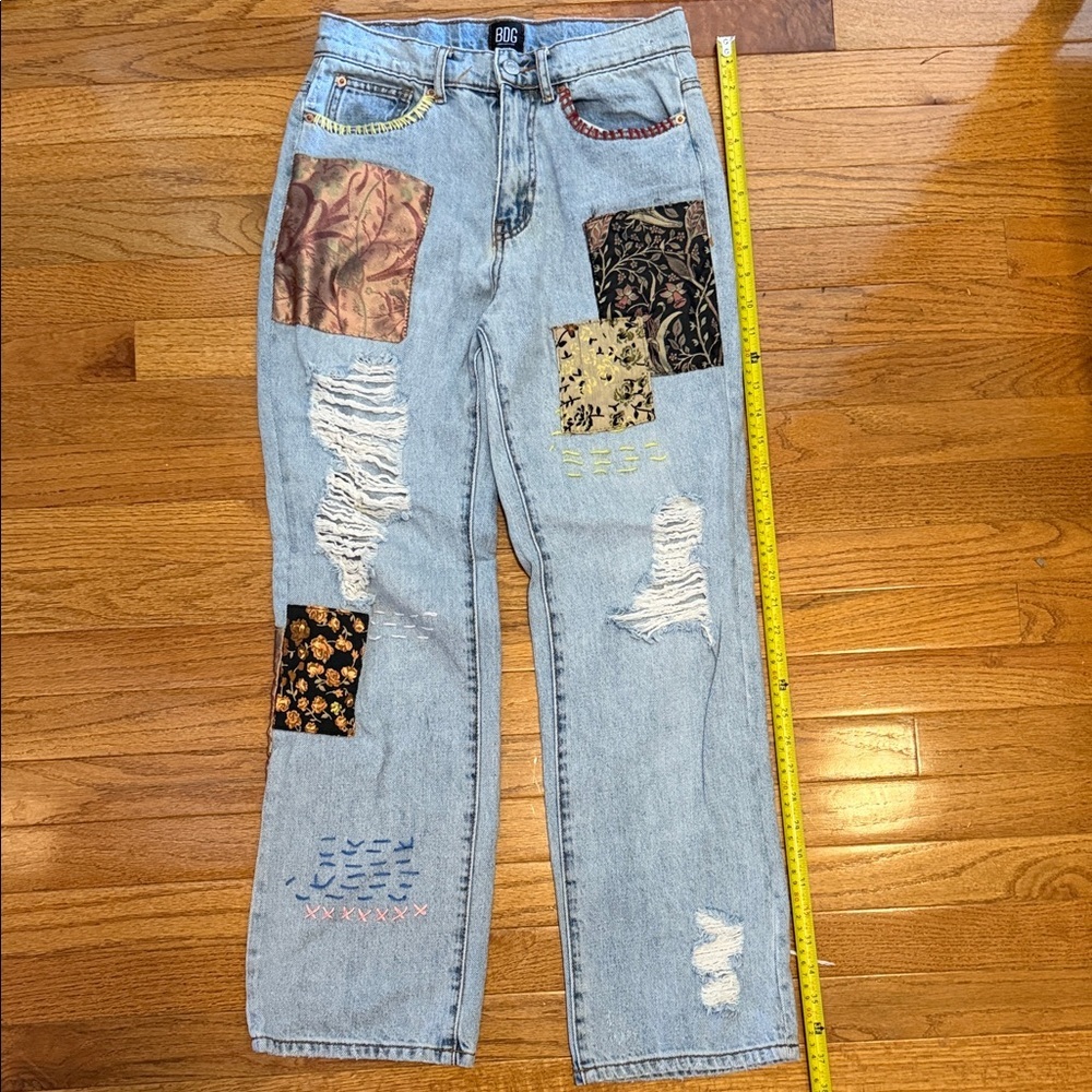 BDG Light Wash Patchwork Boyfriend Jeans with Multicolor Fabric Patches